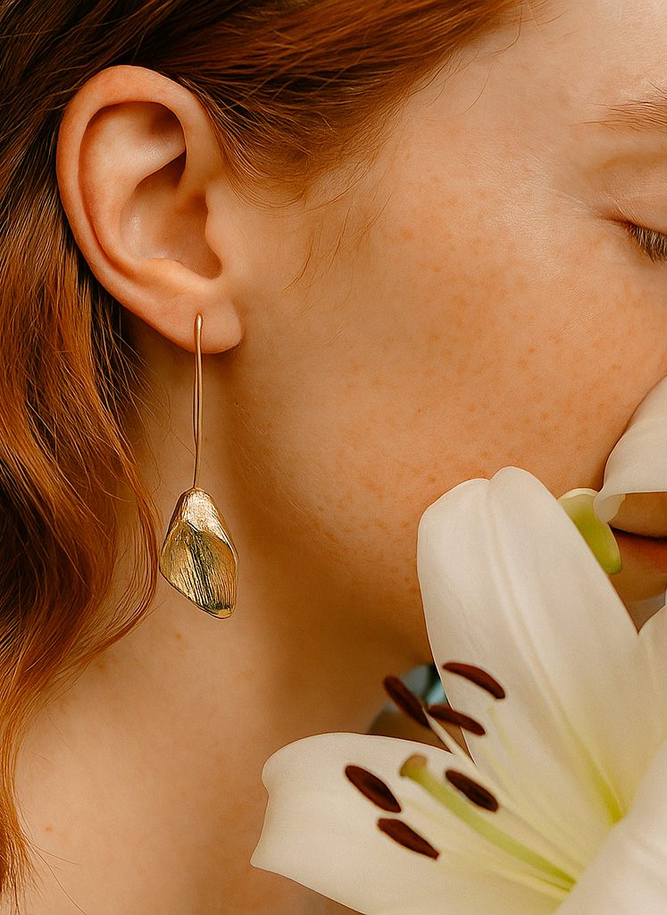 Gold drop earrings with flower design for women