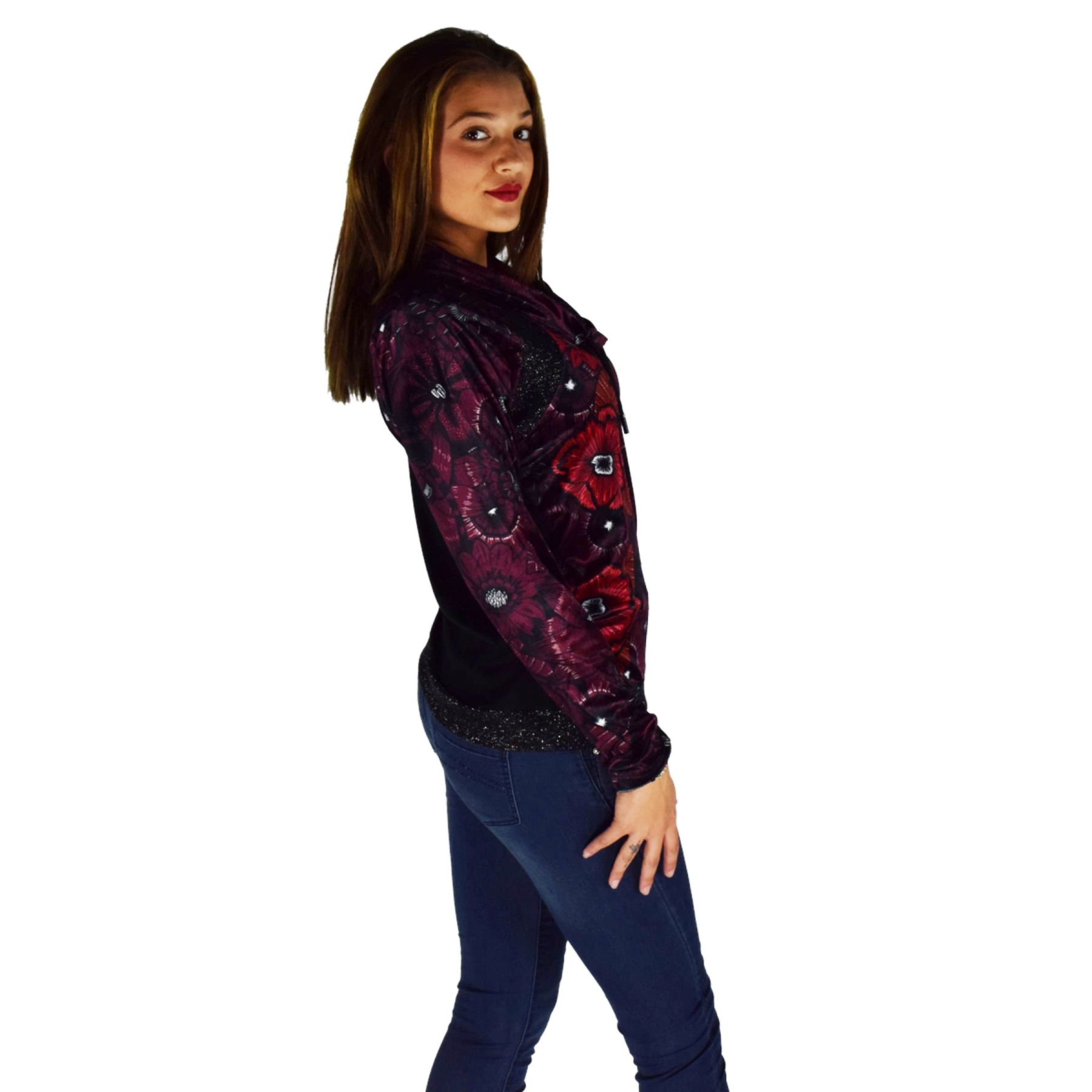 Camiseta roja manga larga mujer estampada con cuello ajustable con cordón y lurex 1