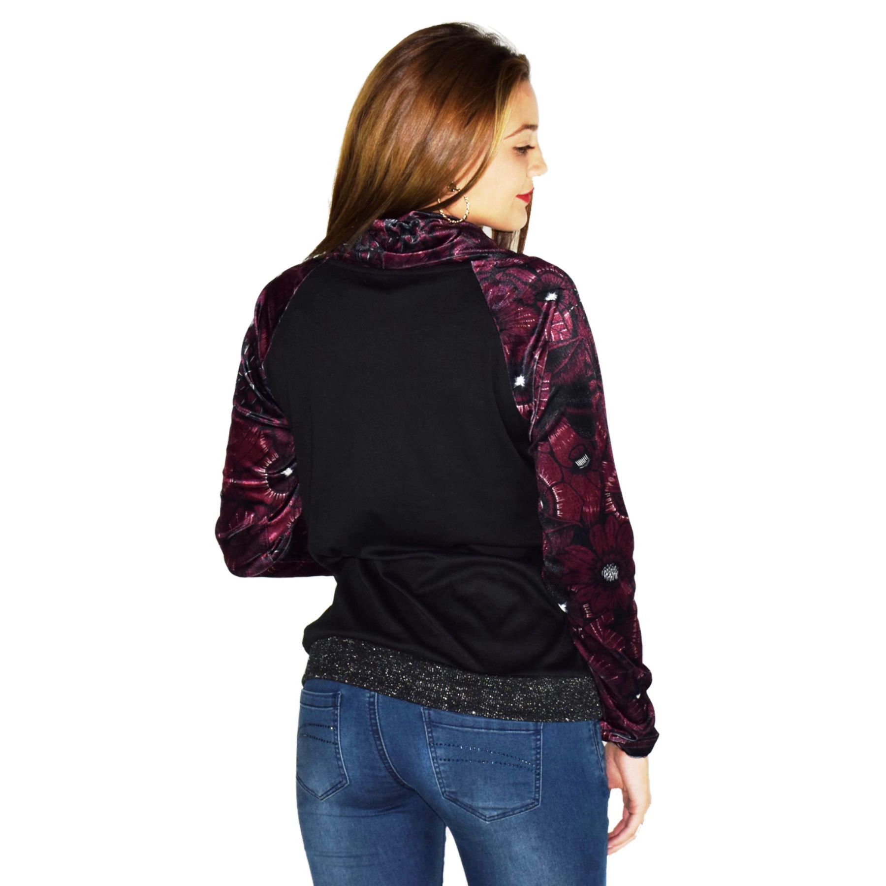 Camiseta roja manga larga mujer estampada con cuello ajustable con cordón y lurex 2