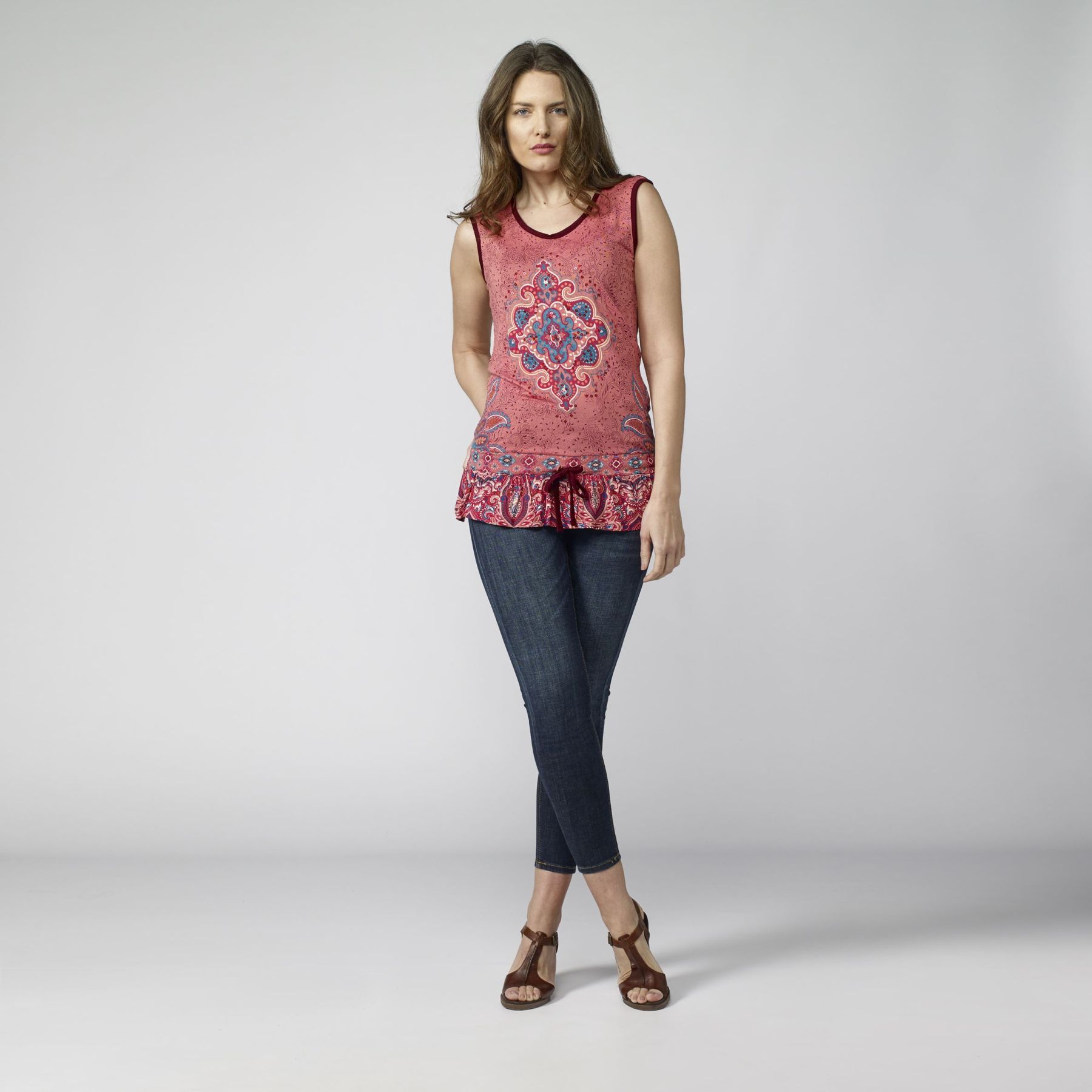 Coral Color Ethnic Print Tank Top for Women
