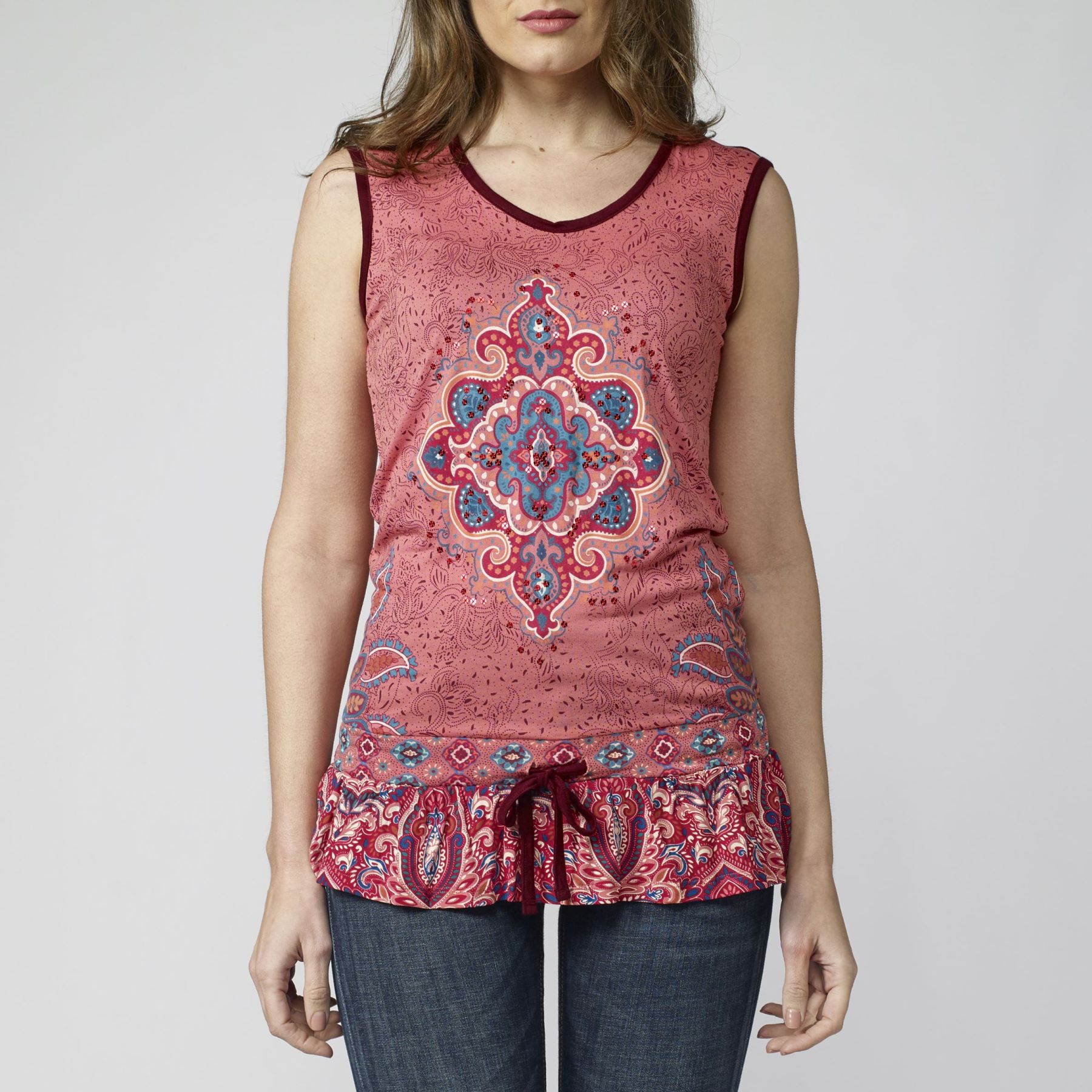 Coral Color Ethnic Print Tank Top for Women 2