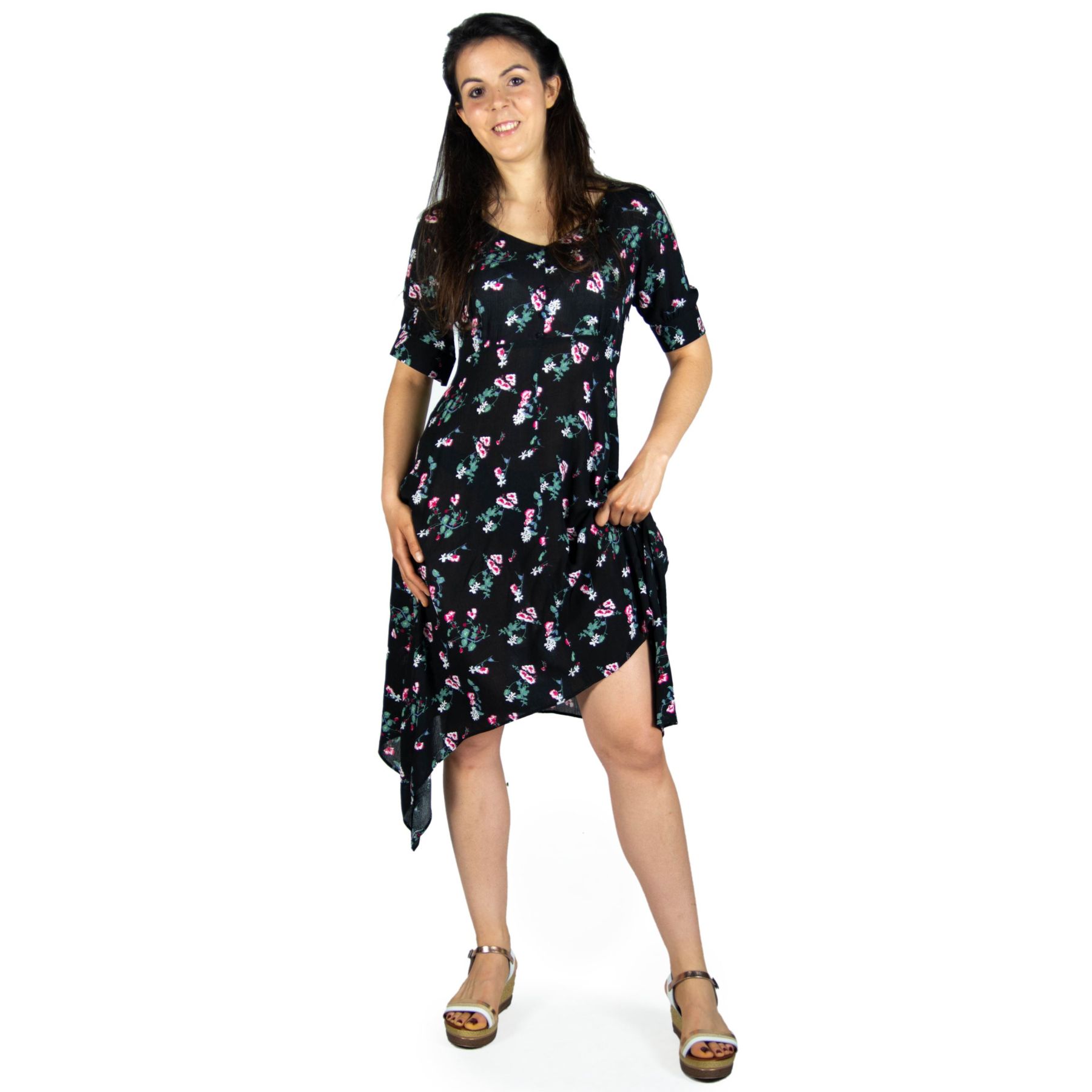 Vestido manga corta plana viscosa