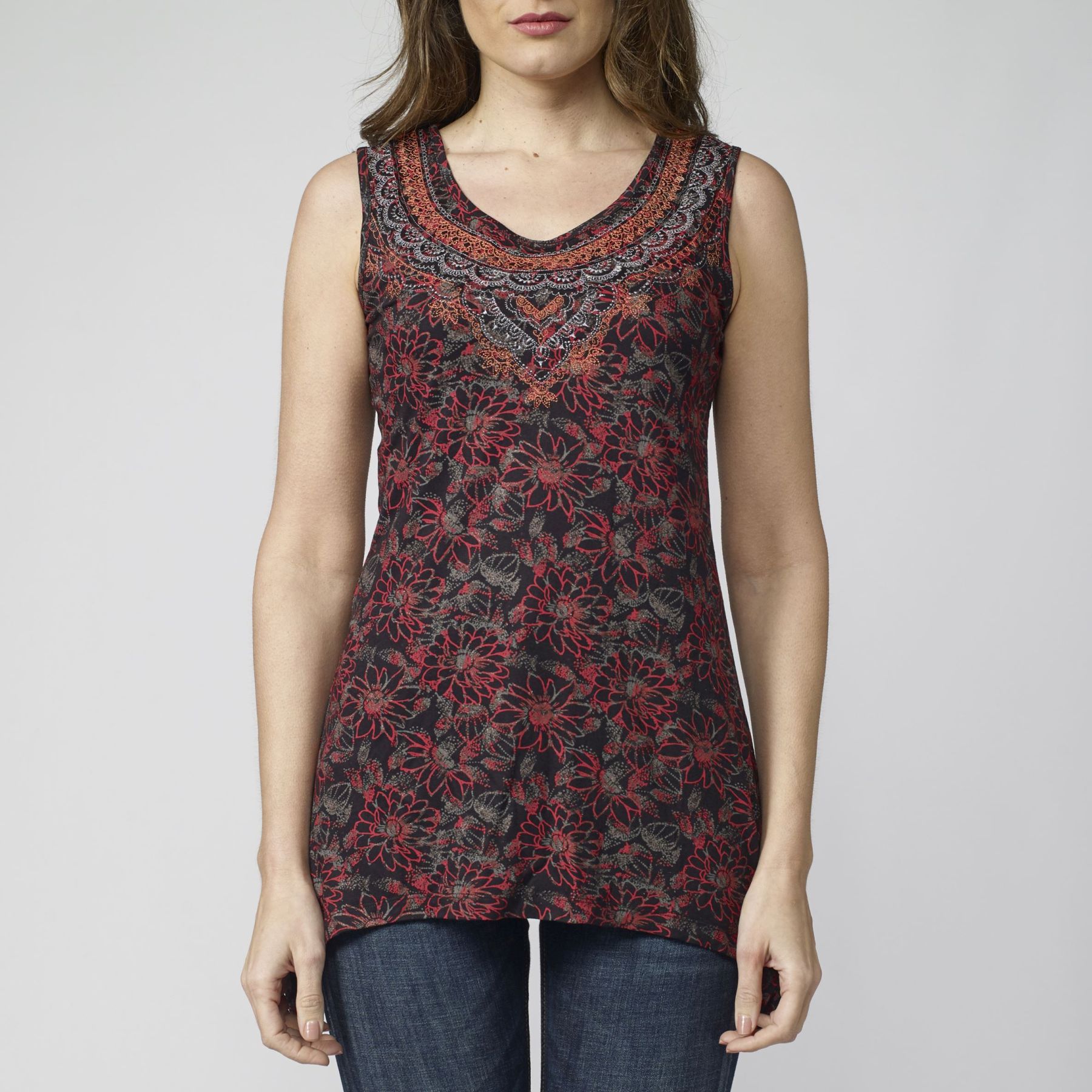 Red ethnic print sleeveless top for women 1