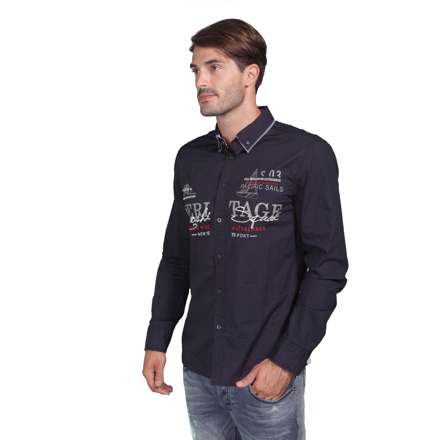 Nautical shirt with double poplin collar 1