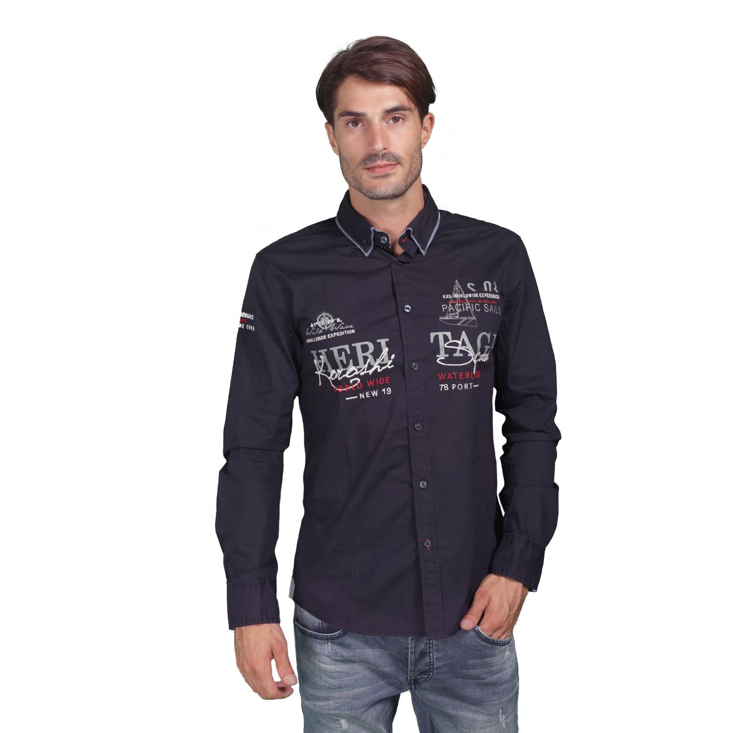 Nautical shirt with double poplin collar