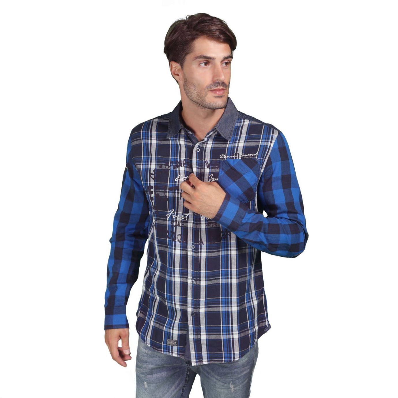 Camisa cuadros lavada combinada denim