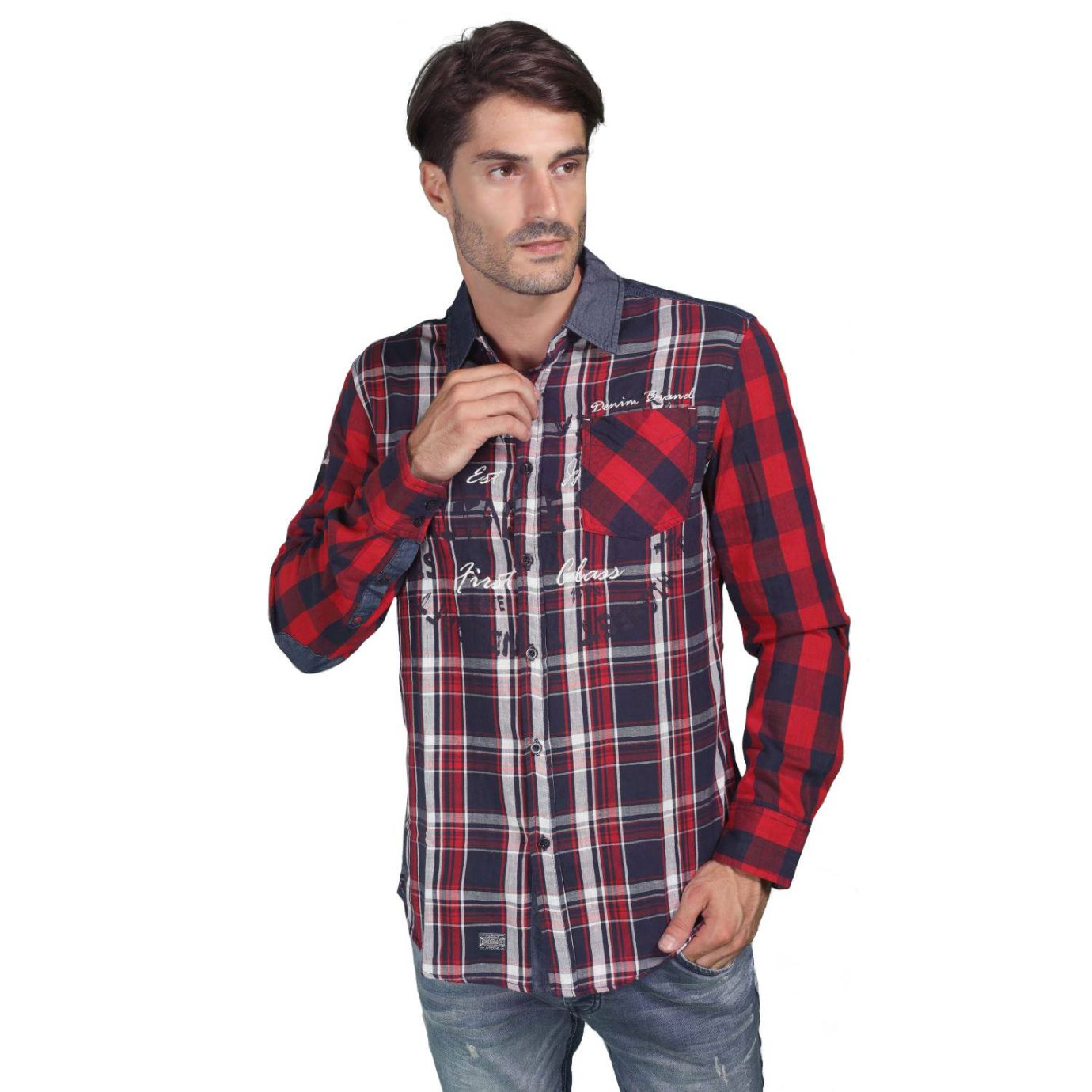Camisa cuadros lavada combinada denim
