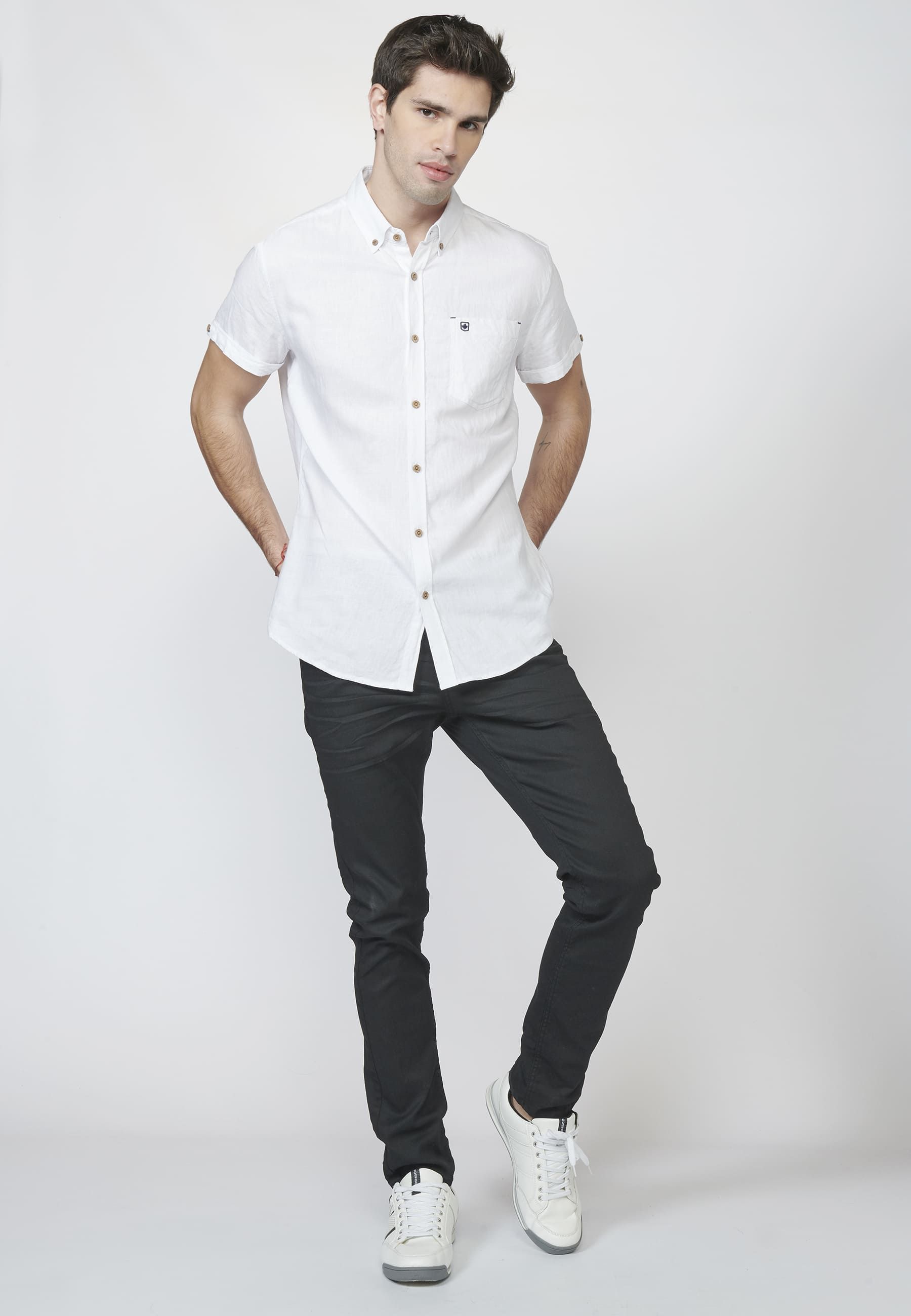 Camisa manga corta lino con bolsillo bordado | Look diario