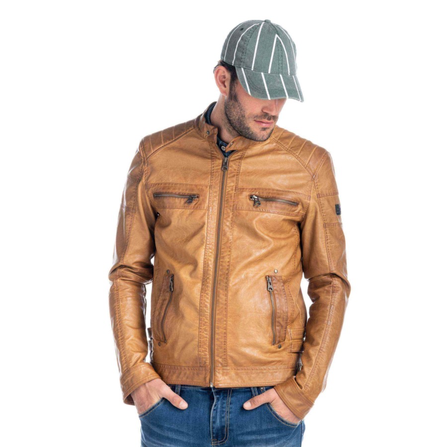 Faux Leather Jacket with Mao Collar