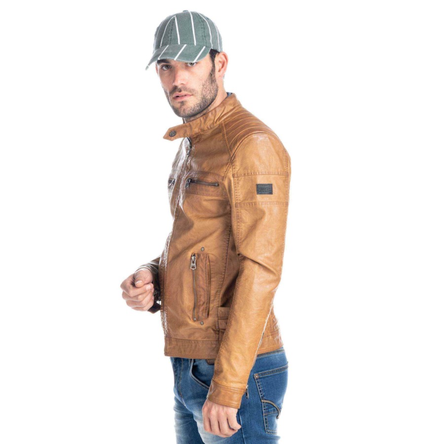 Faux Leather Jacket with Mao Collar