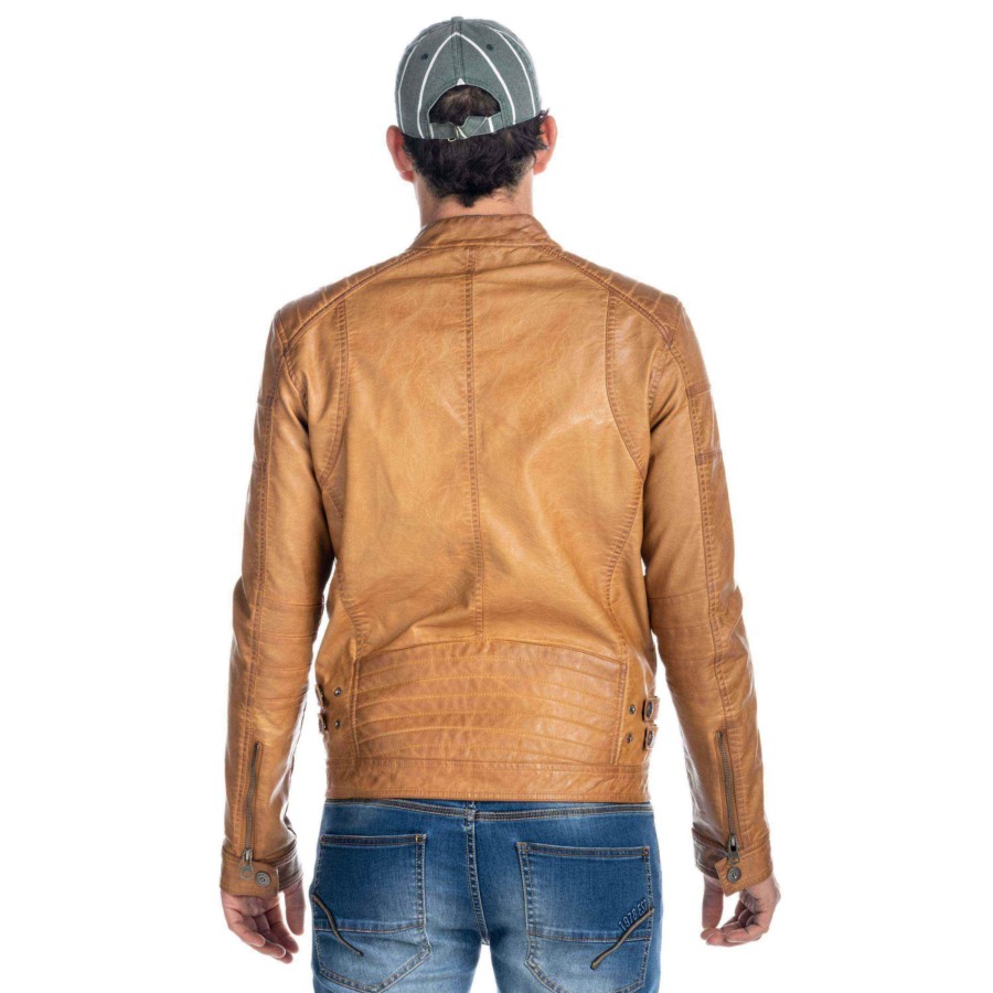 Faux Leather Jacket with Mao Collar