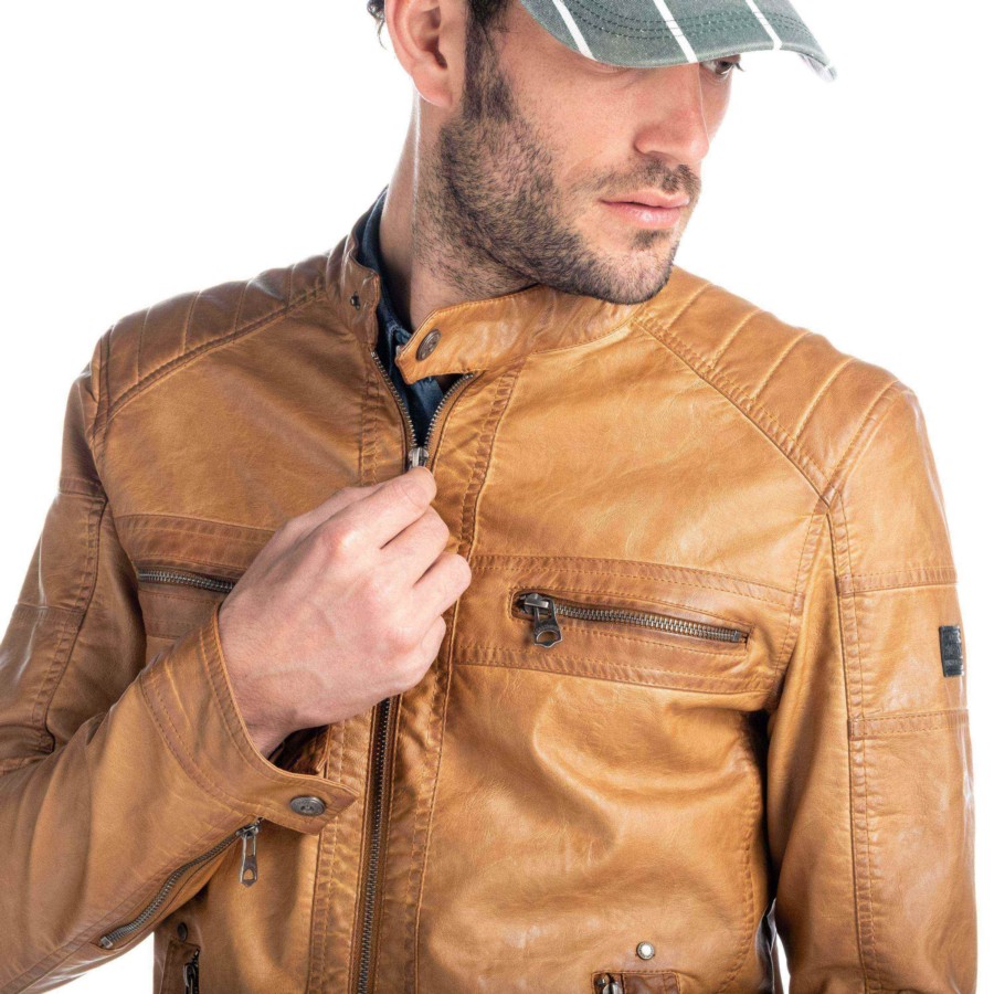 Faux Leather Jacket with Mao Collar