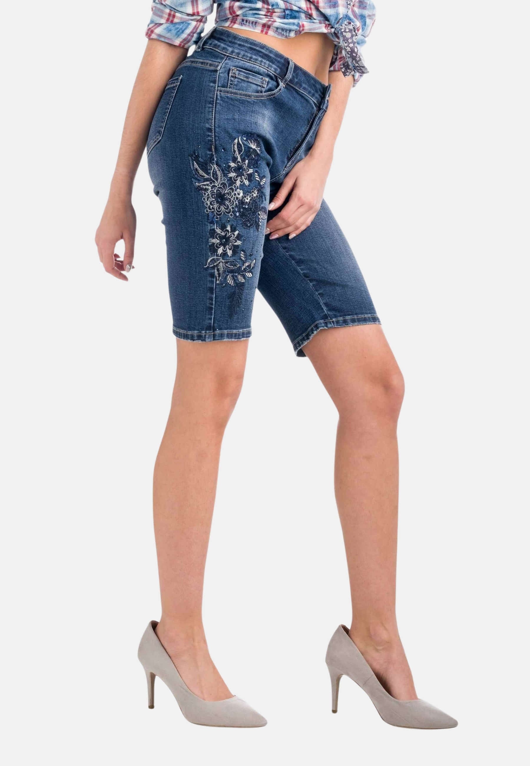 Pantalón short pirata denim flores color azul oscuro para Mujer 2