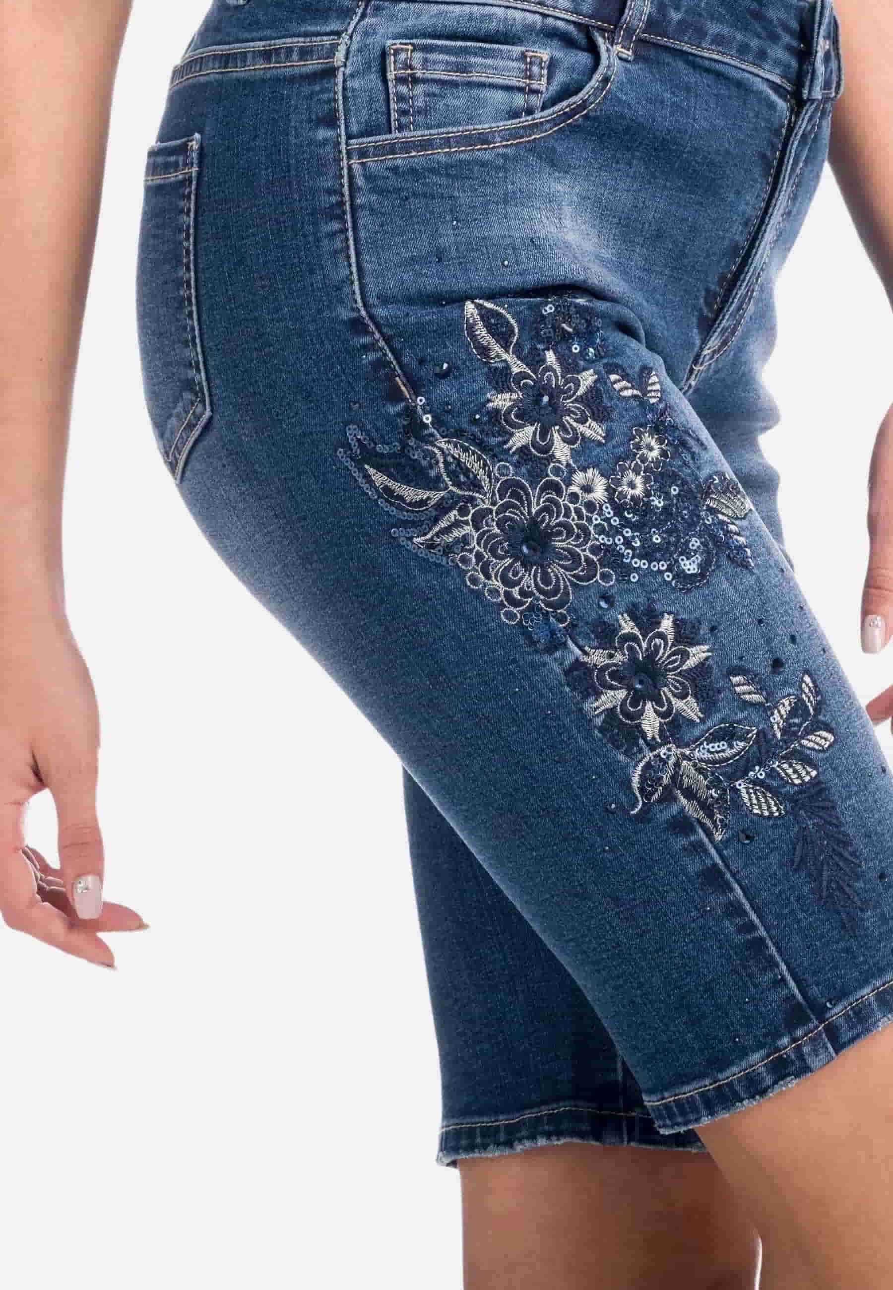 Pantalón short pirata denim flores color azul oscuro para Mujer 1