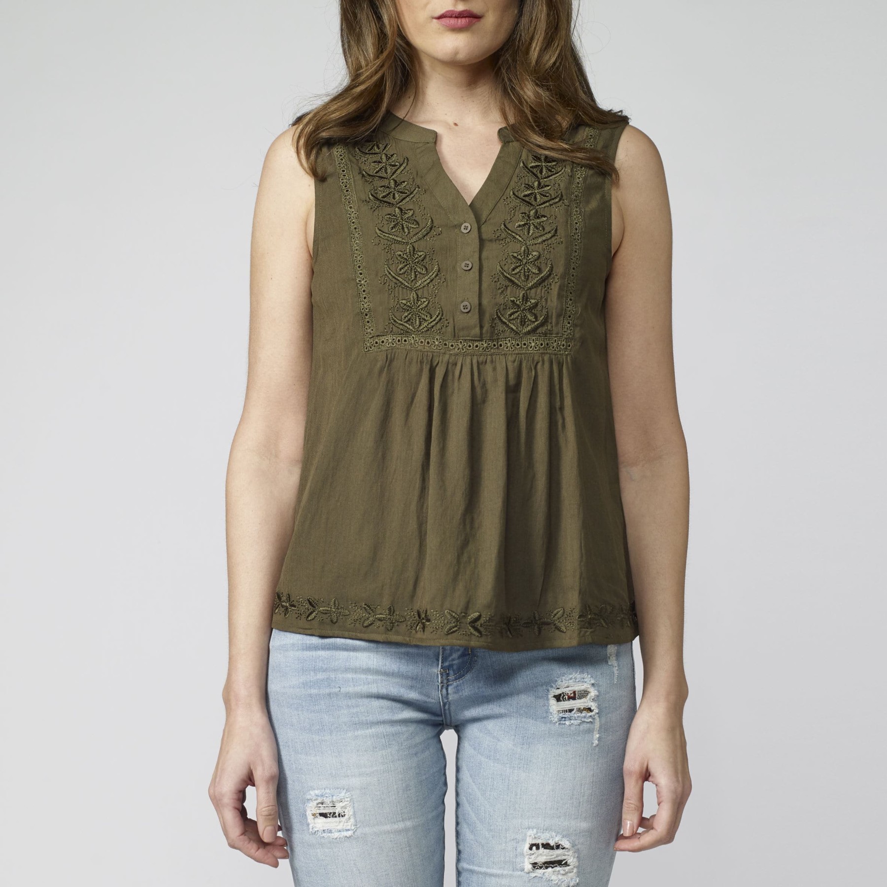 Flowing Blouse with V-neckline, Sleeveless with Embroidered Detail and Lace on the Front in Khaki Color for Women