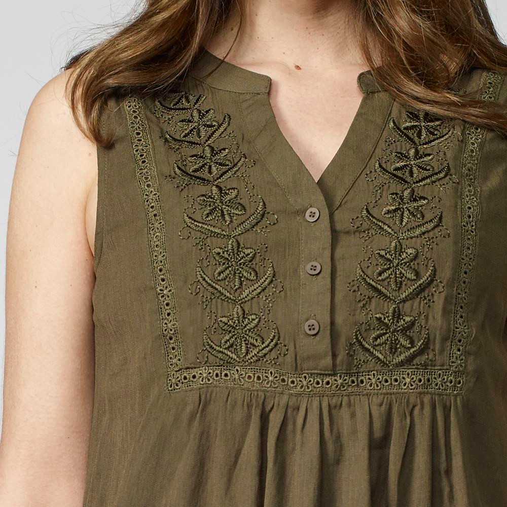 Flowing Blouse with V-neckline, Sleeveless with Embroidered Detail and Lace on the Front in Khaki Color for Women 6