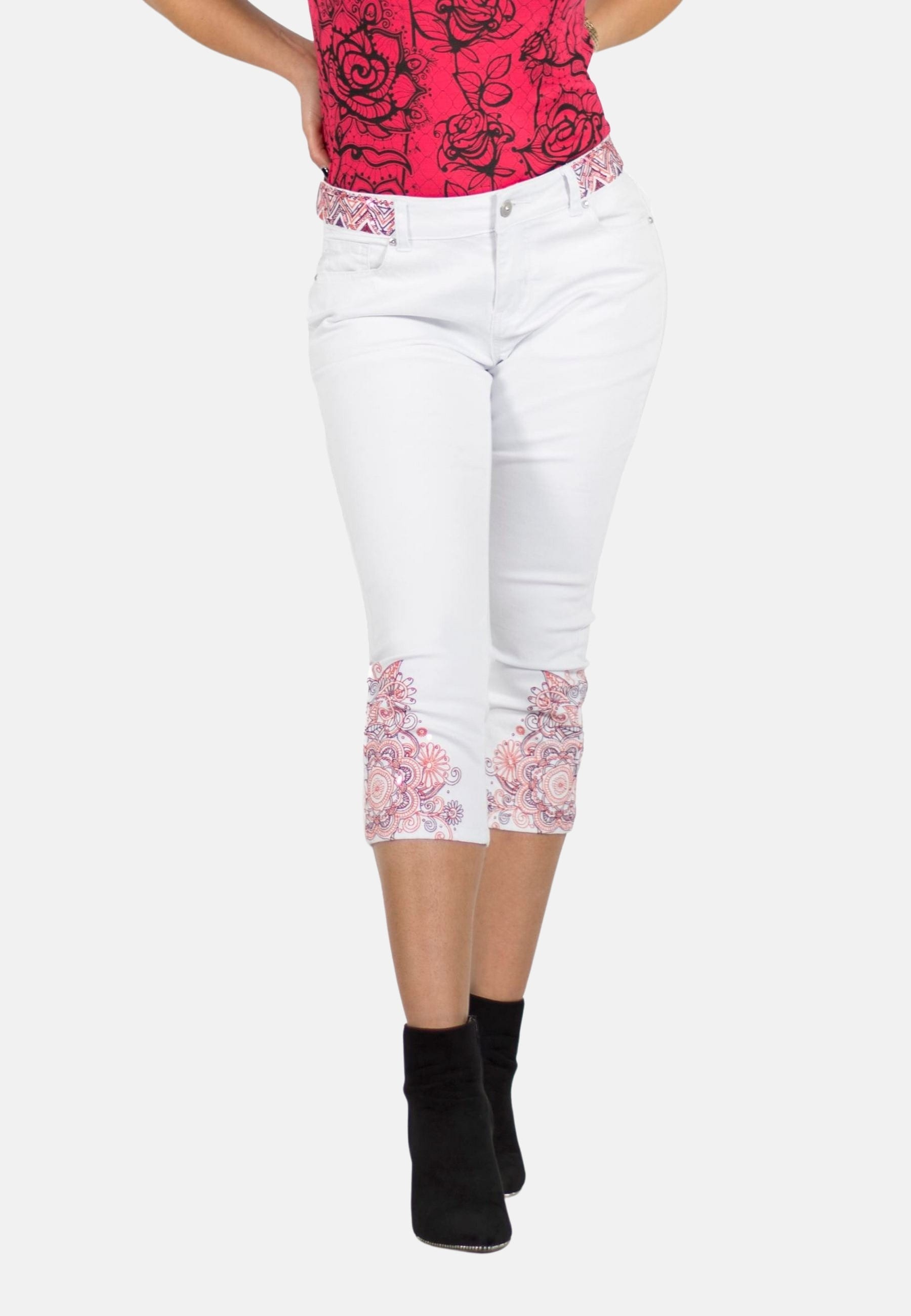 Pantalón corto Pirata bordados de mandalas en el bajo color Blanco para Mujer