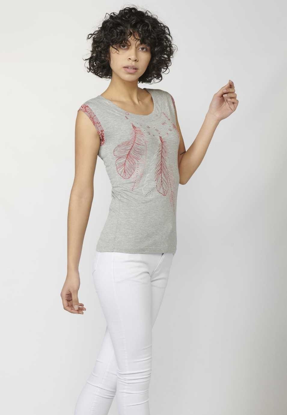 Top camiseta de manga corta de escote redondo y estampado étnico color gris | Look diario