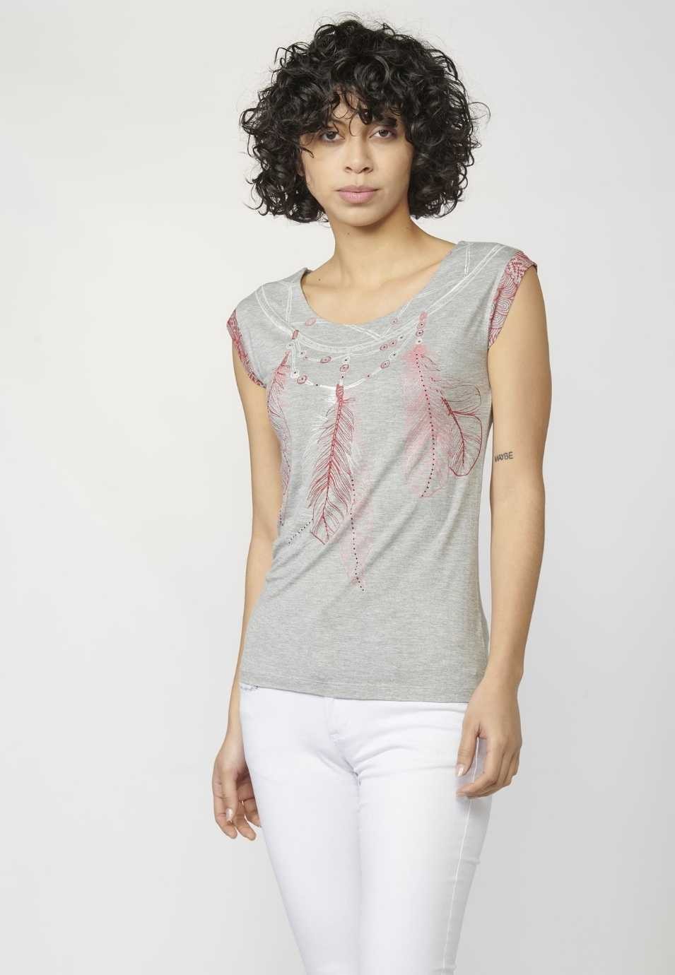 Top camiseta de manga corta de escote redondo y estampado étnico color gris | Look diario