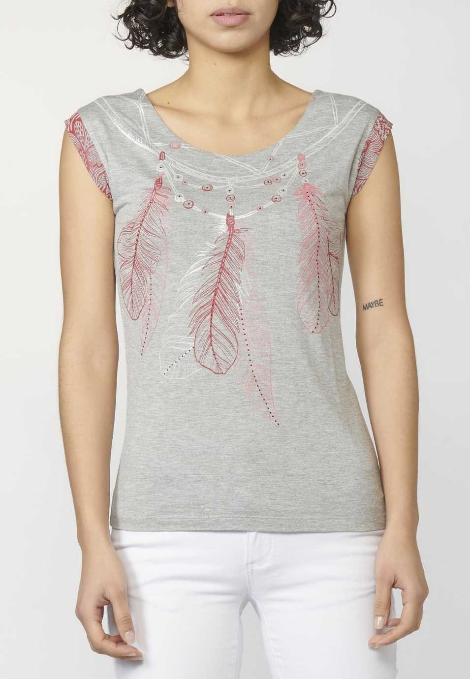 Top camiseta de manga corta de escote redondo y estampado étnico color gris | Look diario
