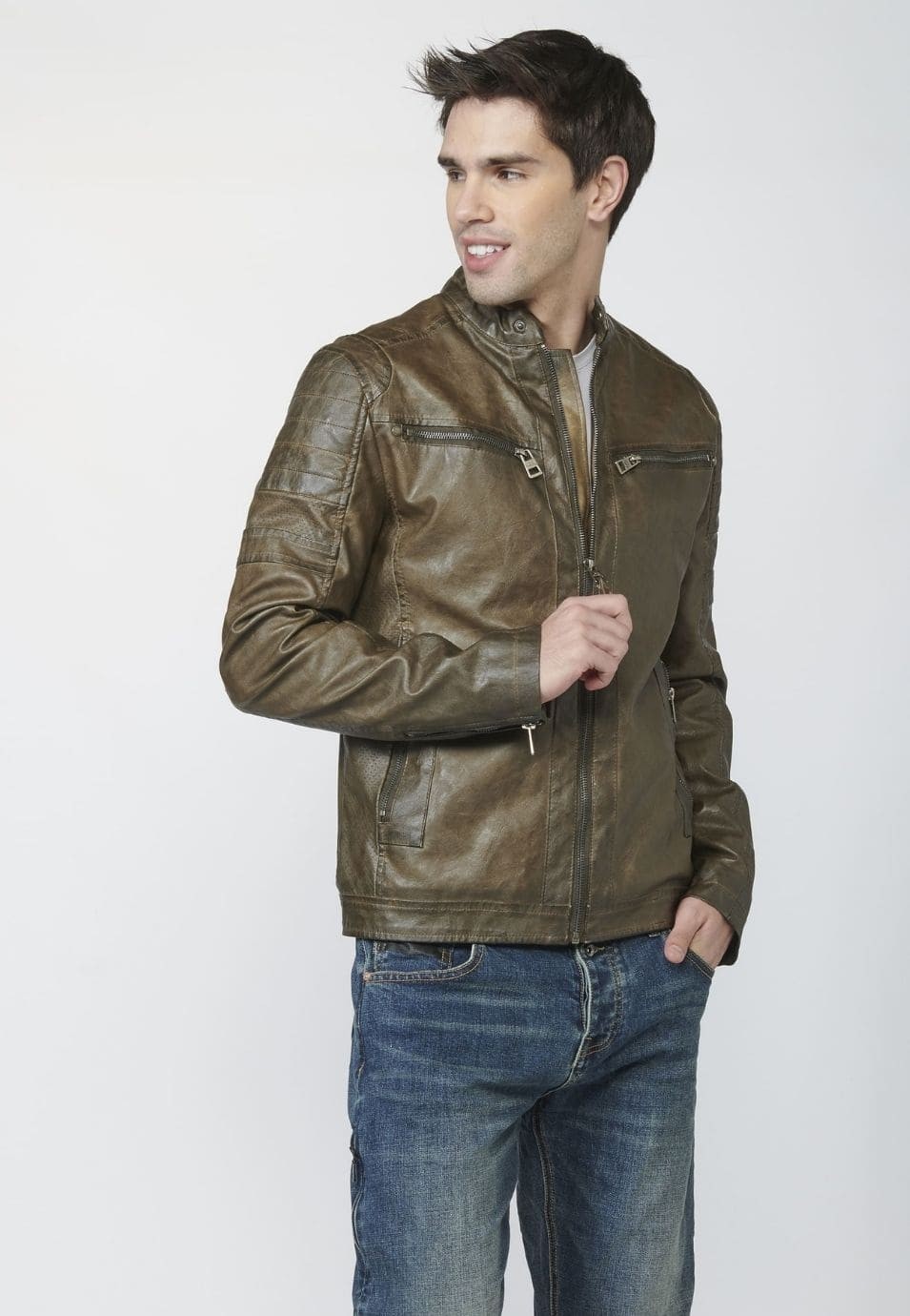 Chaqueta cazadora cuero sintético, Efecto Piel de Manga Larga con Bolsillos Exteriores e Interior para Hombre 5