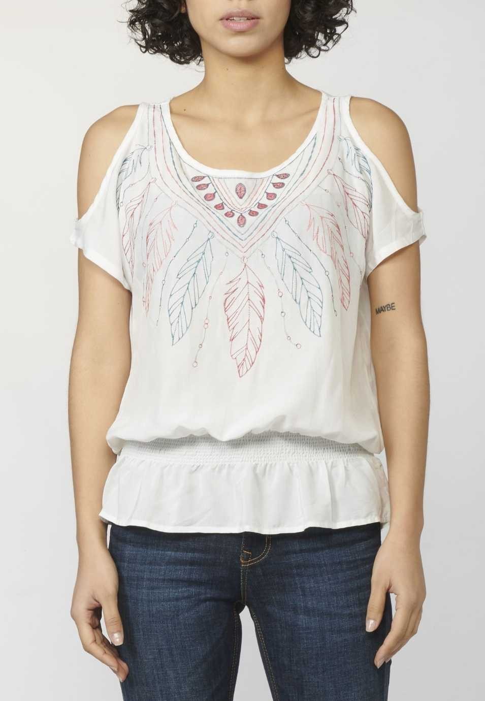 Blusa Mujer Fluida Bordados Frontal Hombros Descubiertos