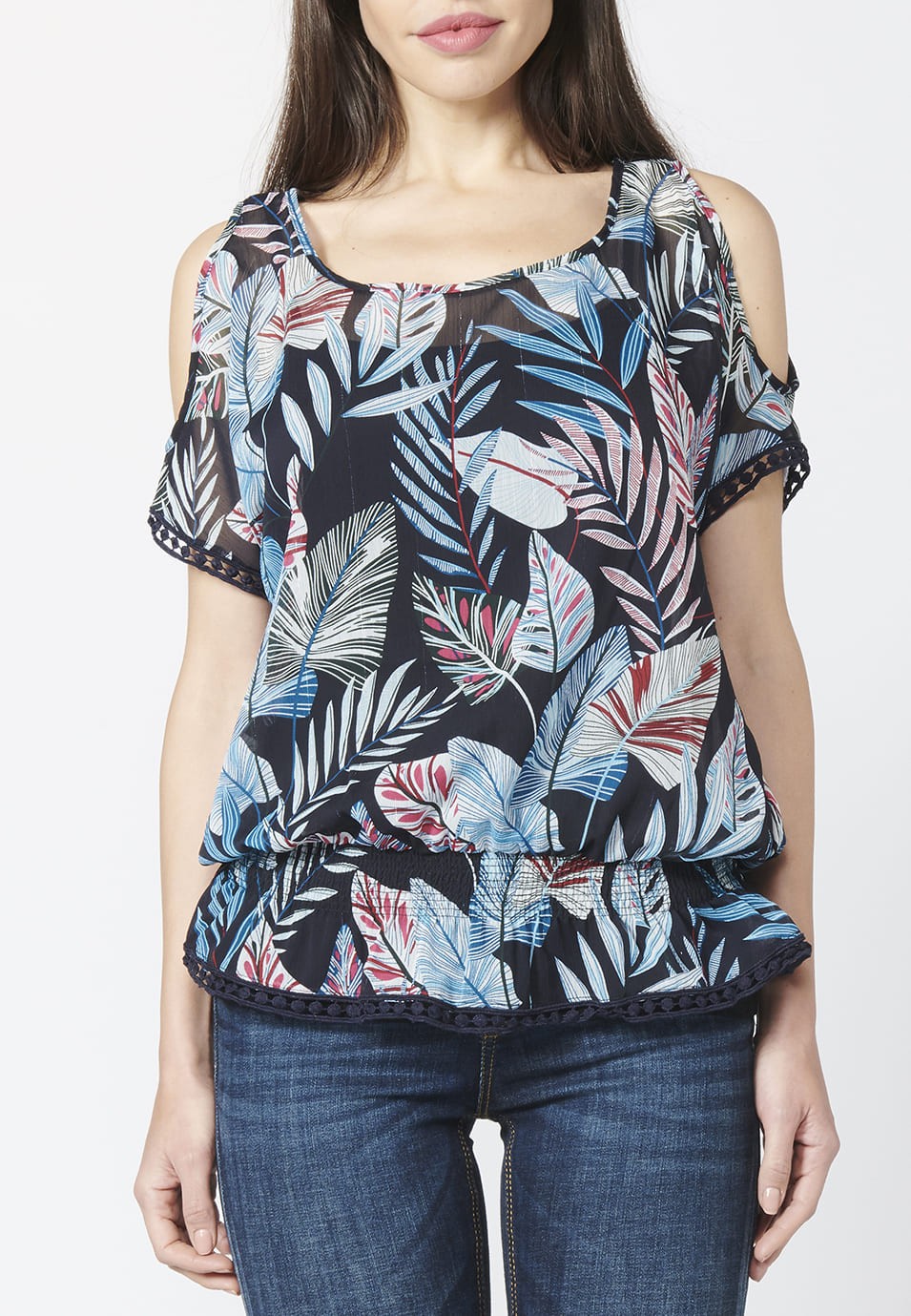 Blusa Manga Corta Fluida con Estampado Tropical para Mujer 1