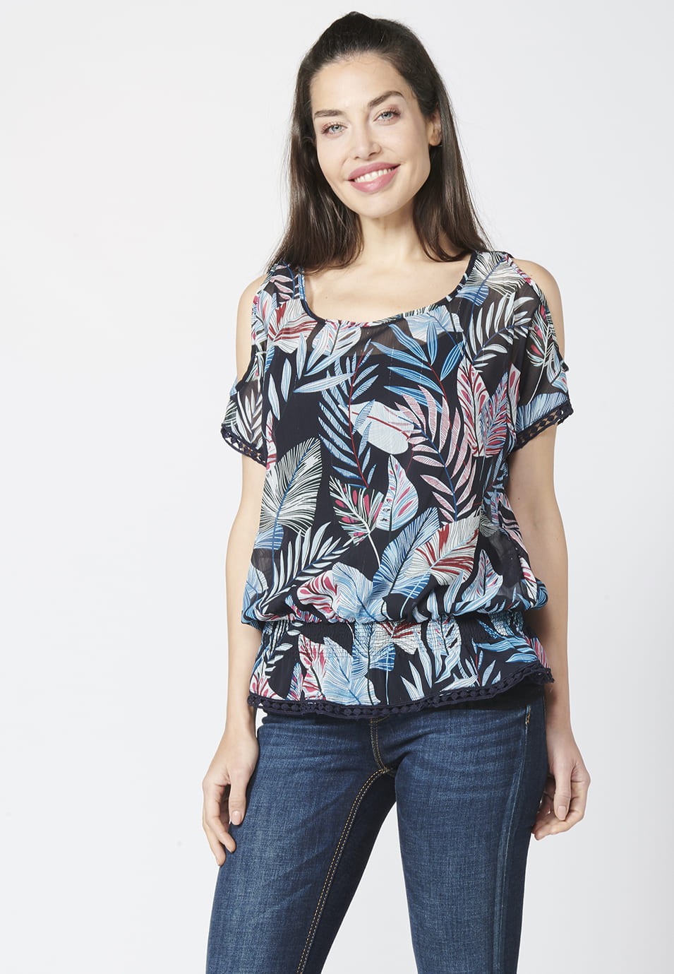 Blusa Manga Corta Fluida con Estampado Tropical para Mujer 3