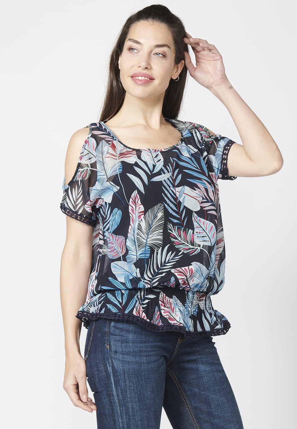 Blusa Manga Corta Fluida con Estampado Tropical para Mujer 5