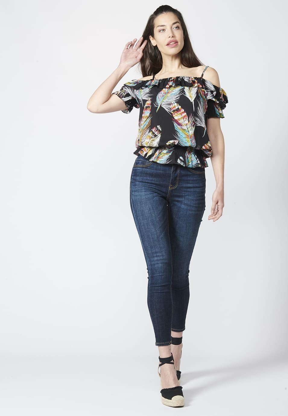 Blusa Manga Corta Fluida con Estampado Floral para Mujer y Escote Barco