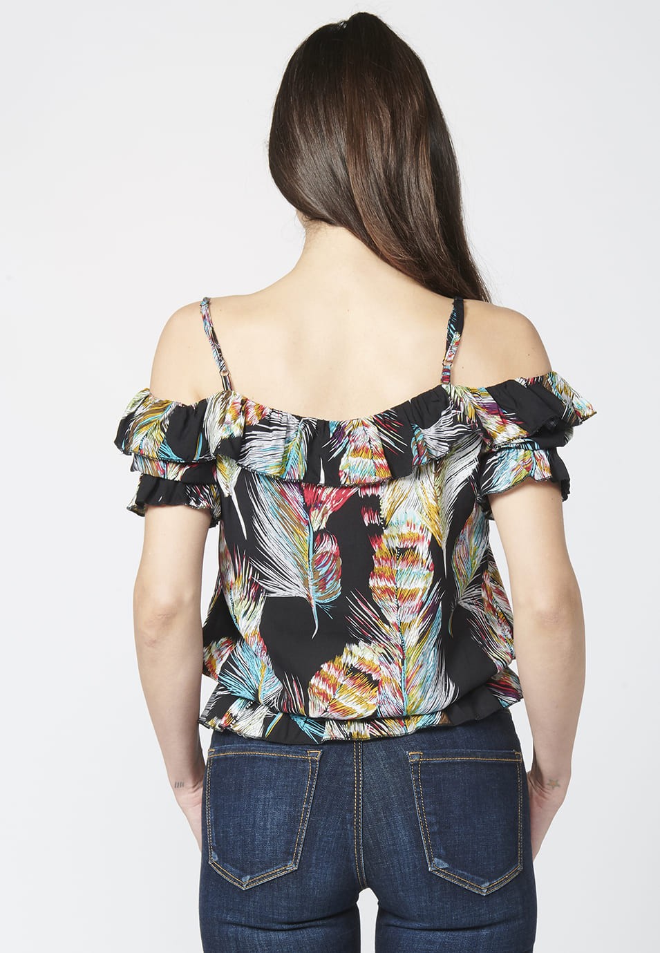 Blusa Manga Corta Fluida con Estampado Floral para Mujer y Escote Barco 5