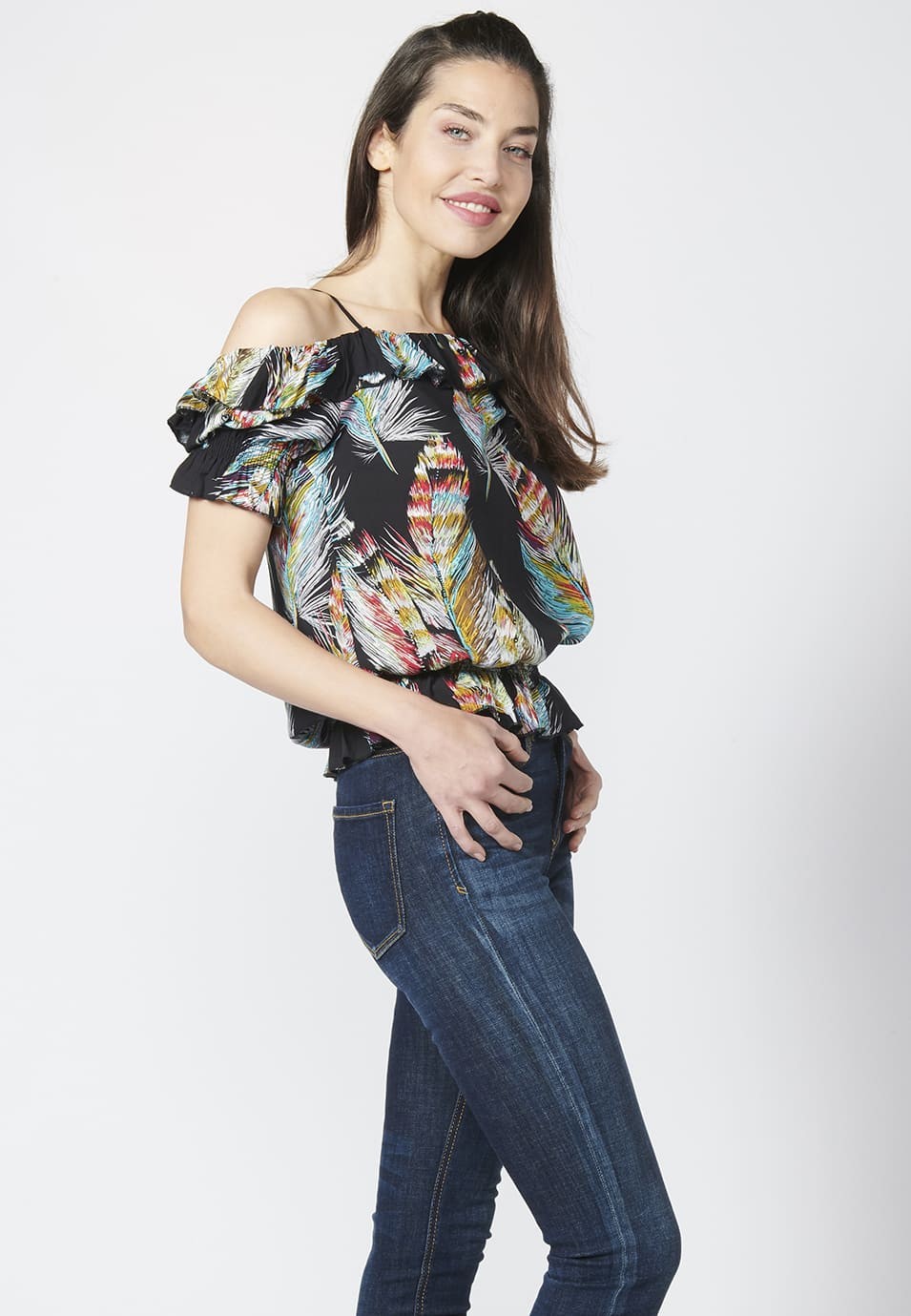 Blusa Manga Corta Fluida con Estampado Floral para Mujer y Escote Barco 4