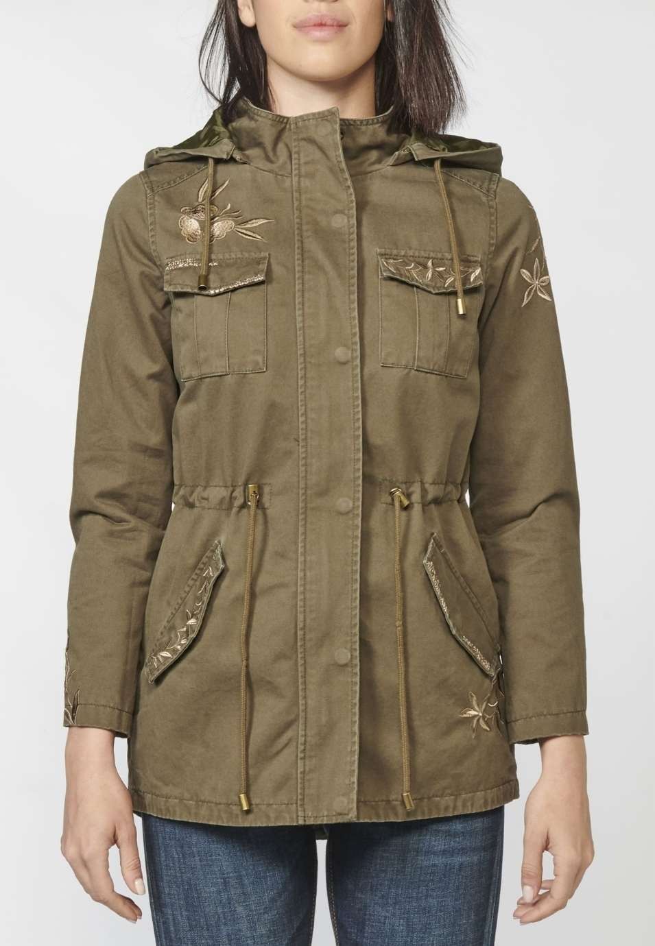 Parka larga mujer de algodón desagastado con borado floral y capucha desmontable 3