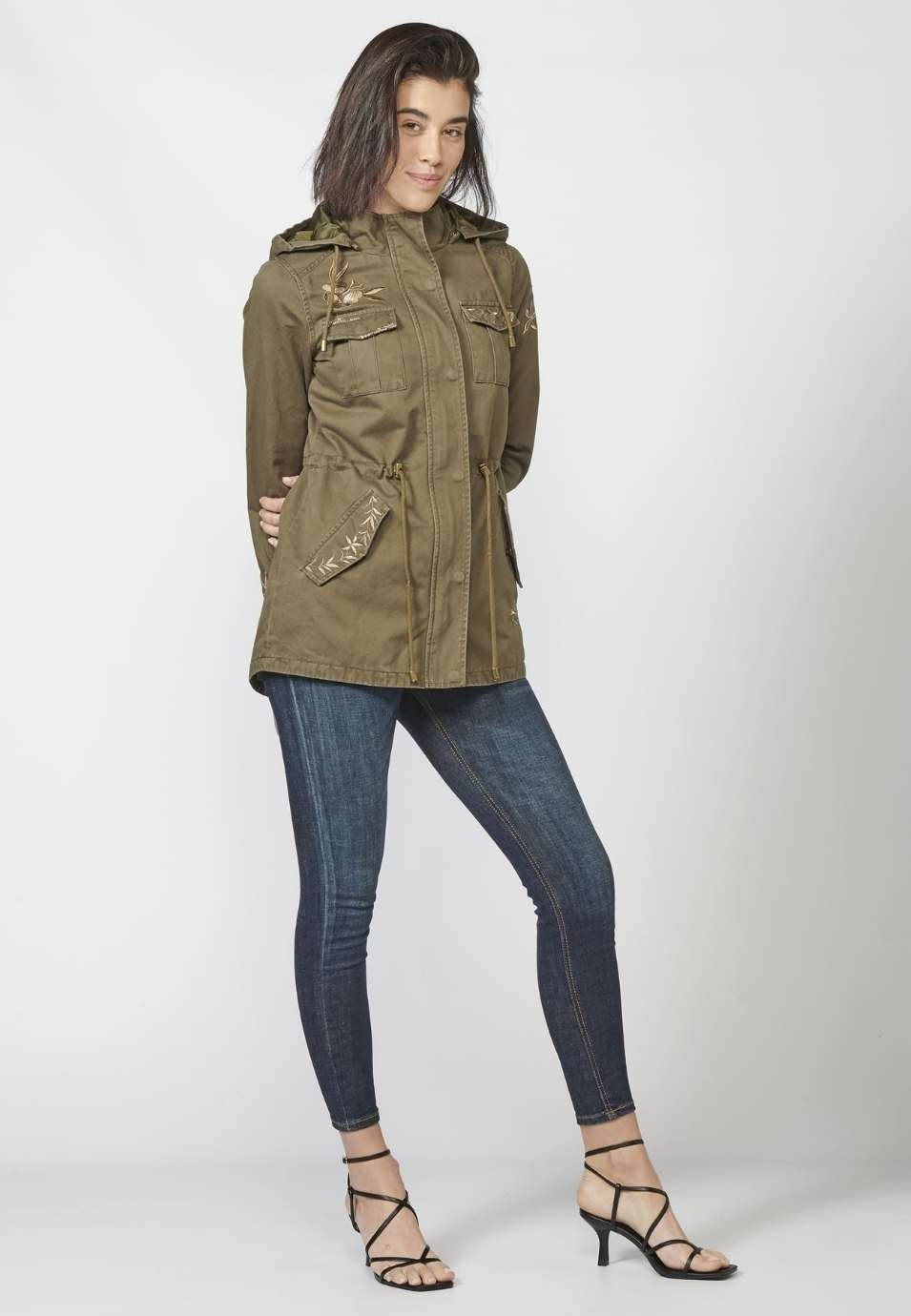 Parka larga mujer de algodón desagastado con borado floral y capucha desmontable 4