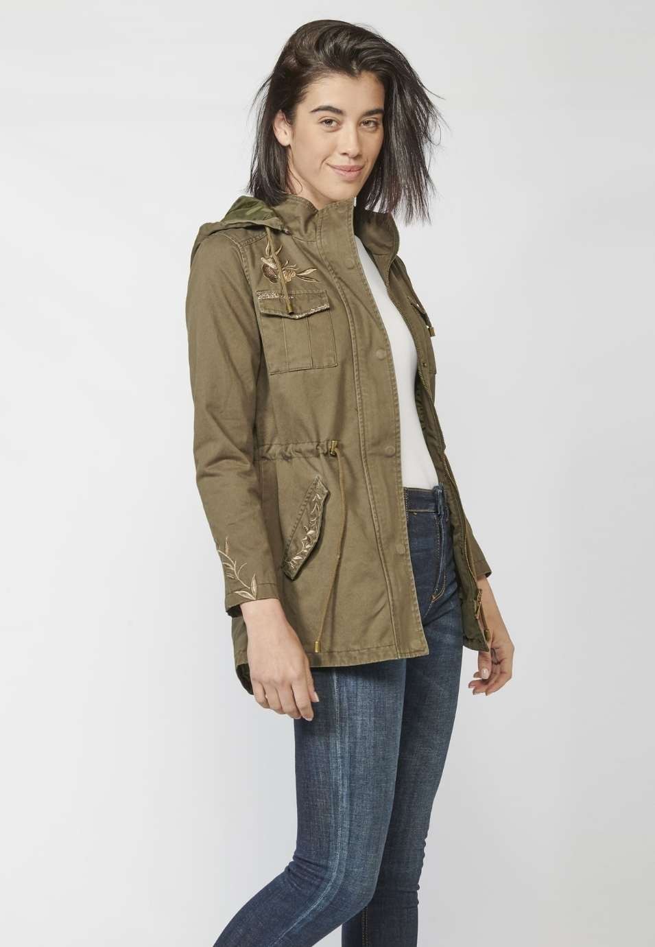 Parka larga mujer de algodón desagastado con borado floral y capucha desmontable 2