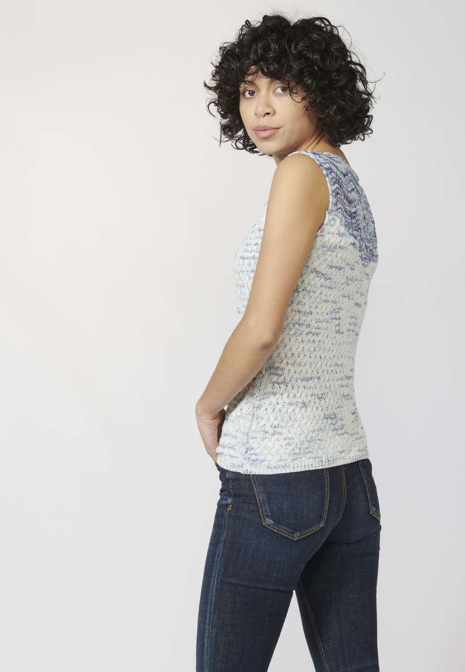 Sleeveless tricot top with boat neck and openwork details in Navy color for Woman 4