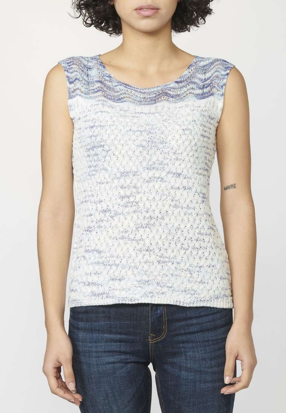 Sleeveless tricot top with boat neck and openwork details in Navy color for Woman 5