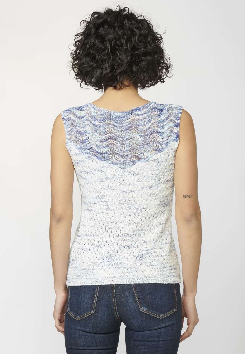Sleeveless tricot top with boat neck and openwork details in Navy color for Woman 1