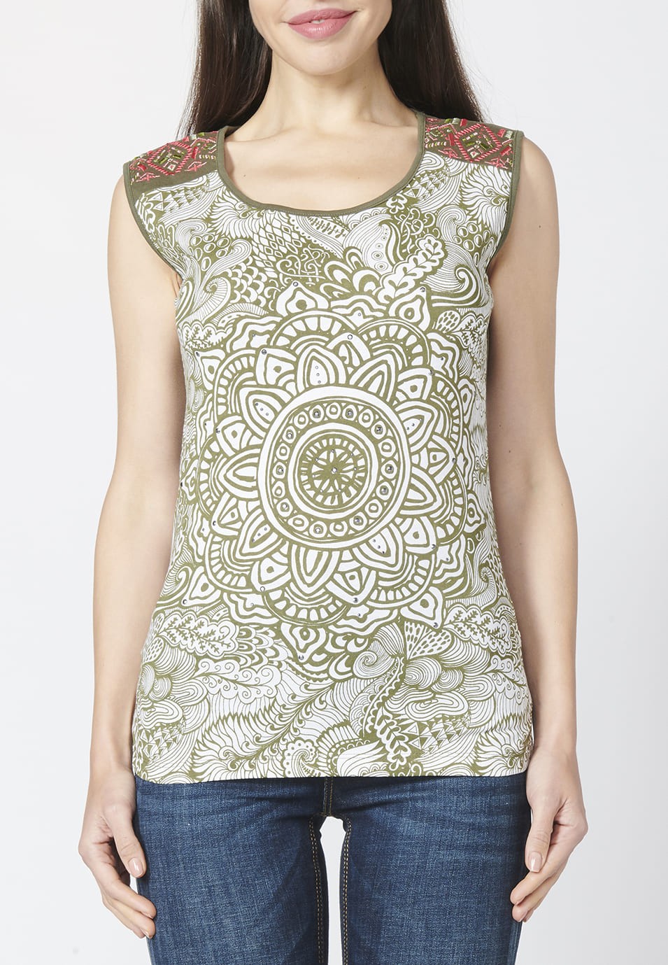 Kaki Ethnic Print Sleeveless Top for Women 1