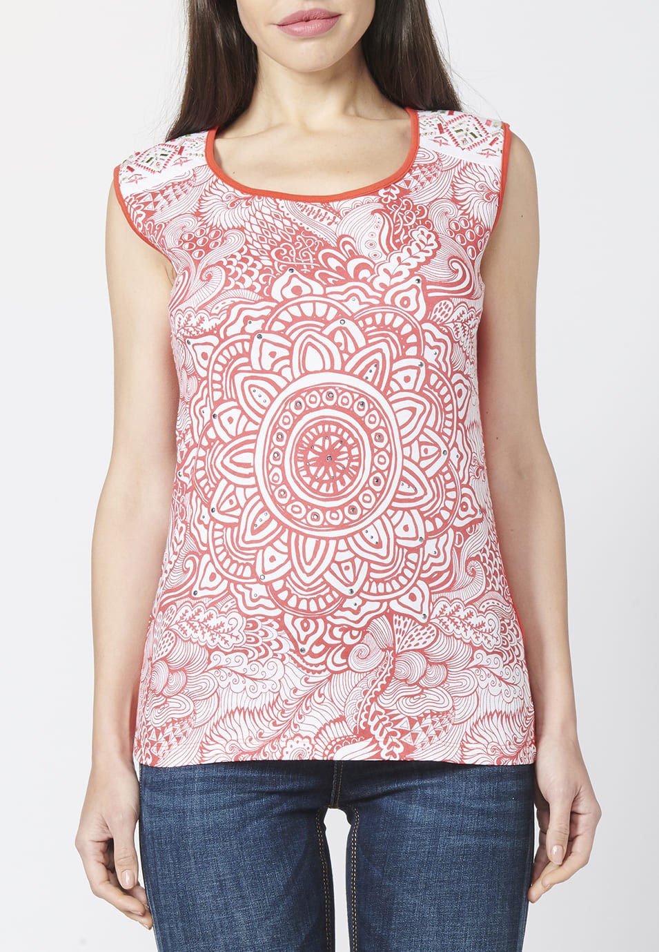 Coral ethnic print sleeveless top for women 2