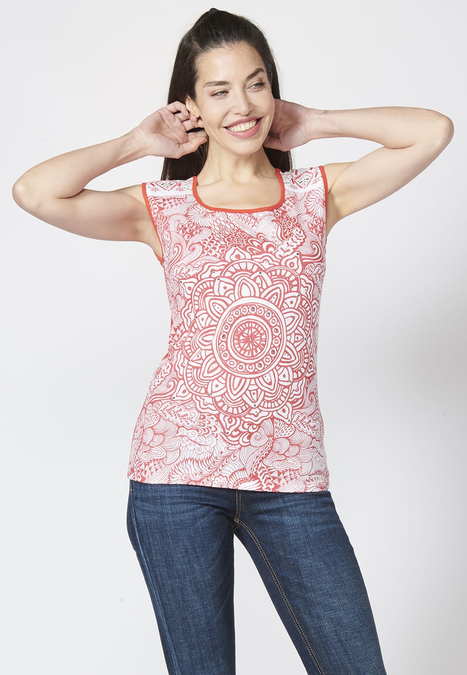 Coral ethnic print sleeveless top for women 4