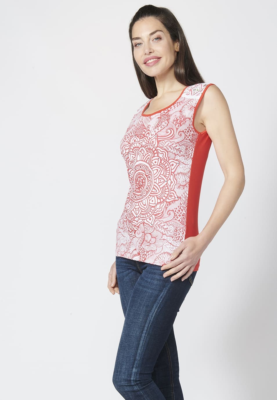 Coral ethnic print sleeveless top for women 3