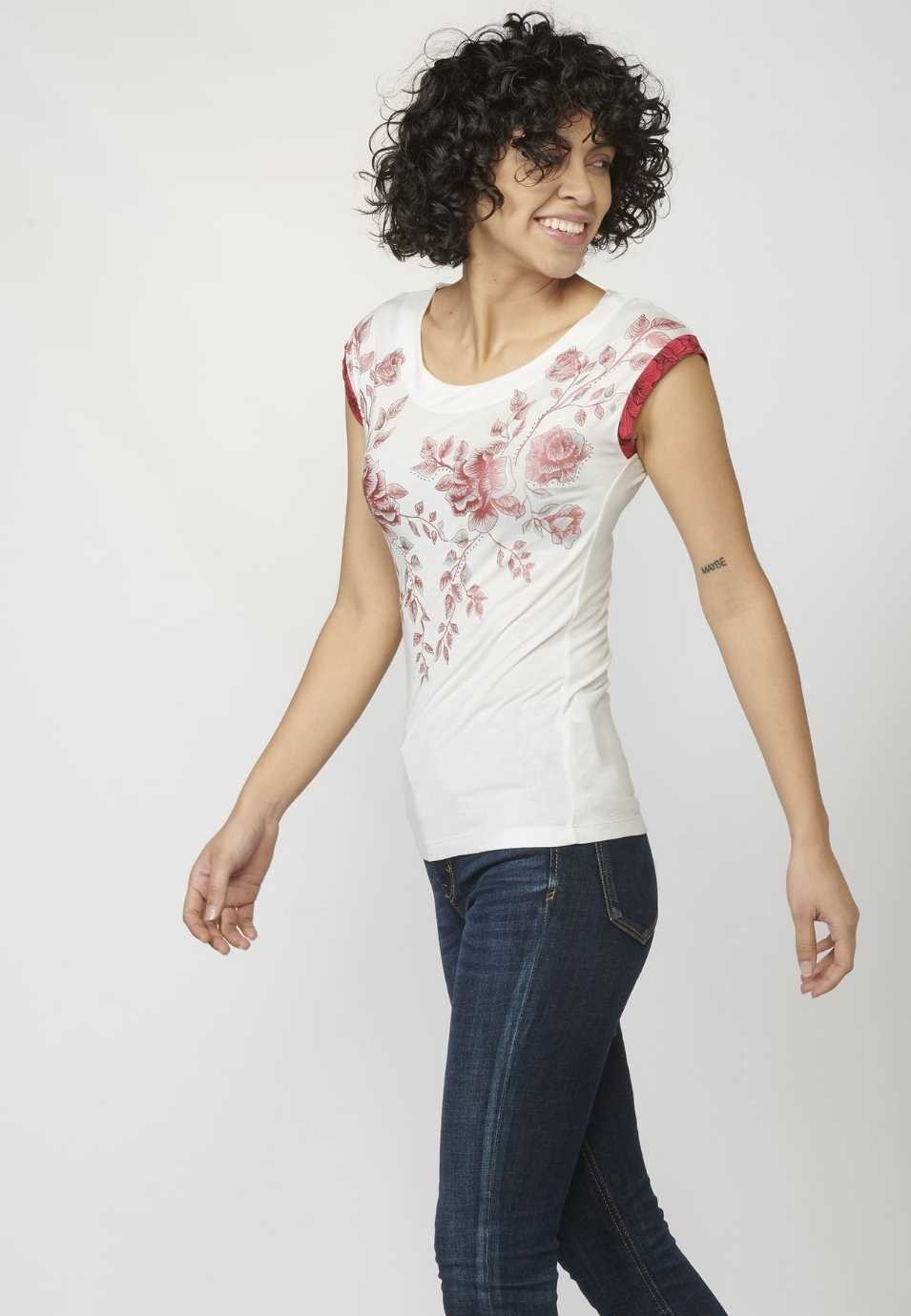 Camiseta Top de manga corta con Escote Redondo y Estampado de Flores color Blanco para Mujer