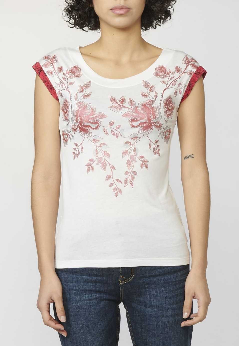 Camiseta Top de manga corta con Escote Redondo y Estampado de Flores color Blanco para Mujer 4