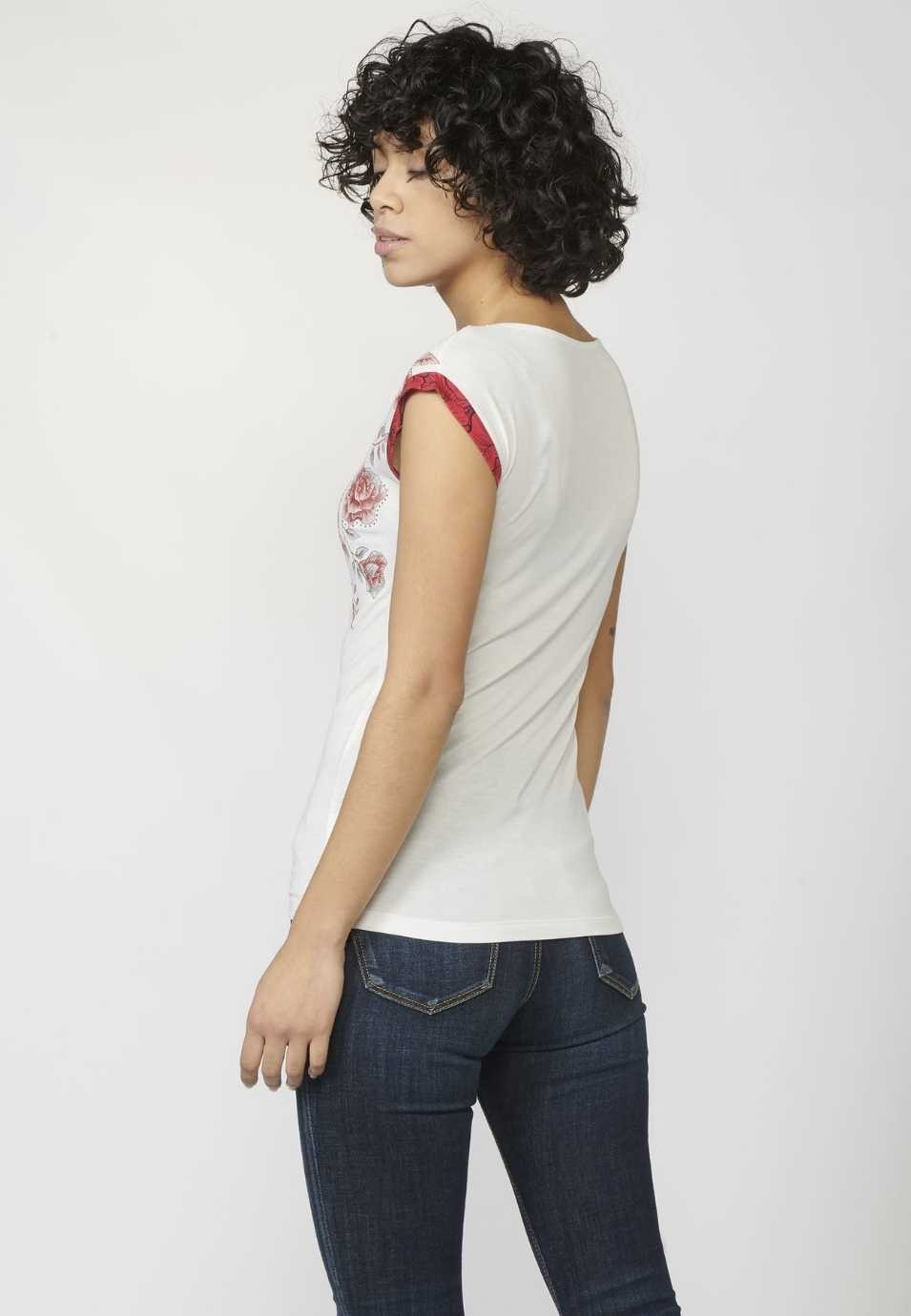 Camiseta Top de manga corta con Escote Redondo y Estampado de Flores color Blanco para Mujer 5