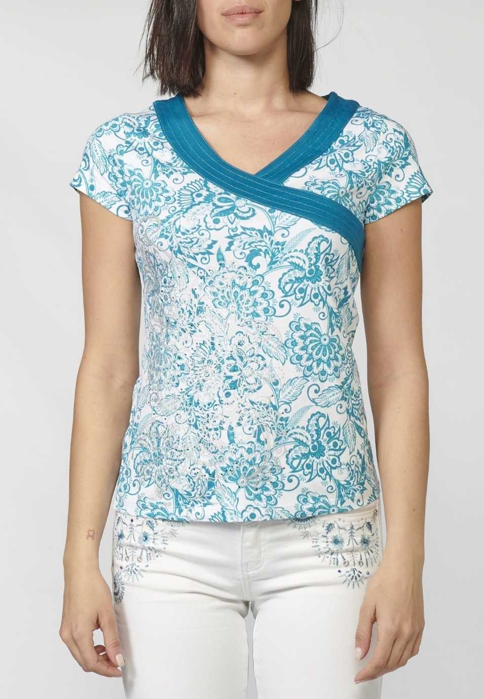 Camiseta Top manga corta de Algodón con Escote de Pico cruzado y Estampado Floral para Mujer 3