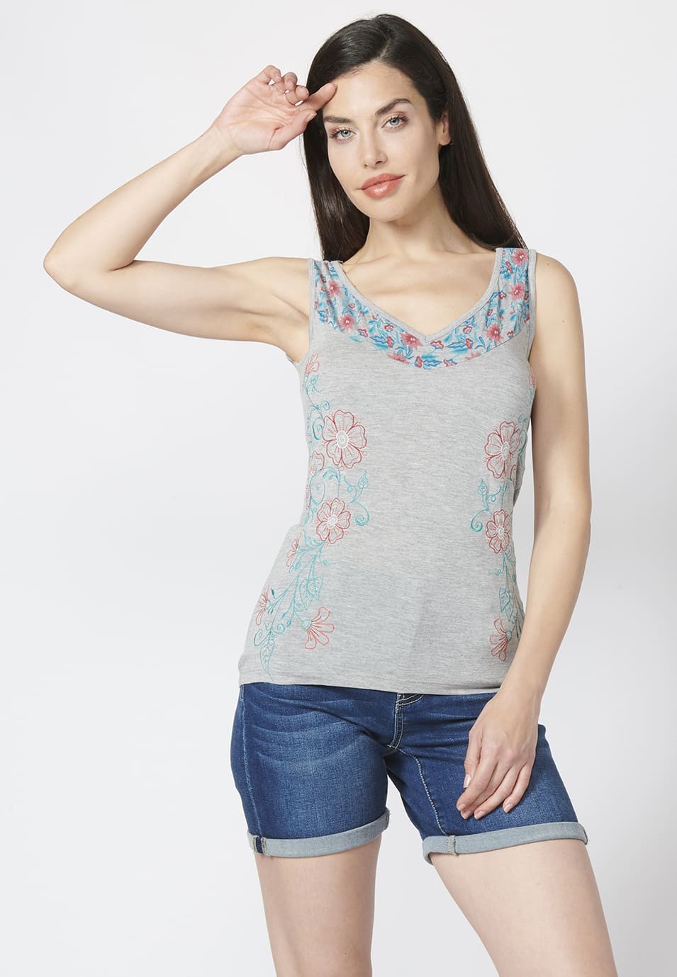 Tank Top with V-neckline and Floral Print and Embroidery for Woman in Gray color