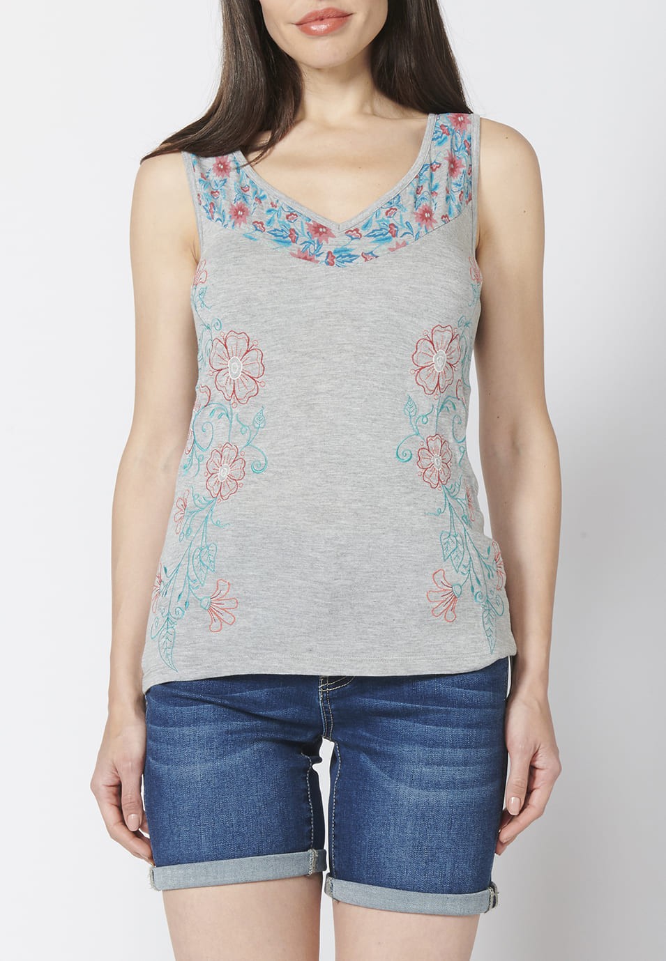 Tank Top with V-neckline and Floral Print and Embroidery for Woman in Gray color 1