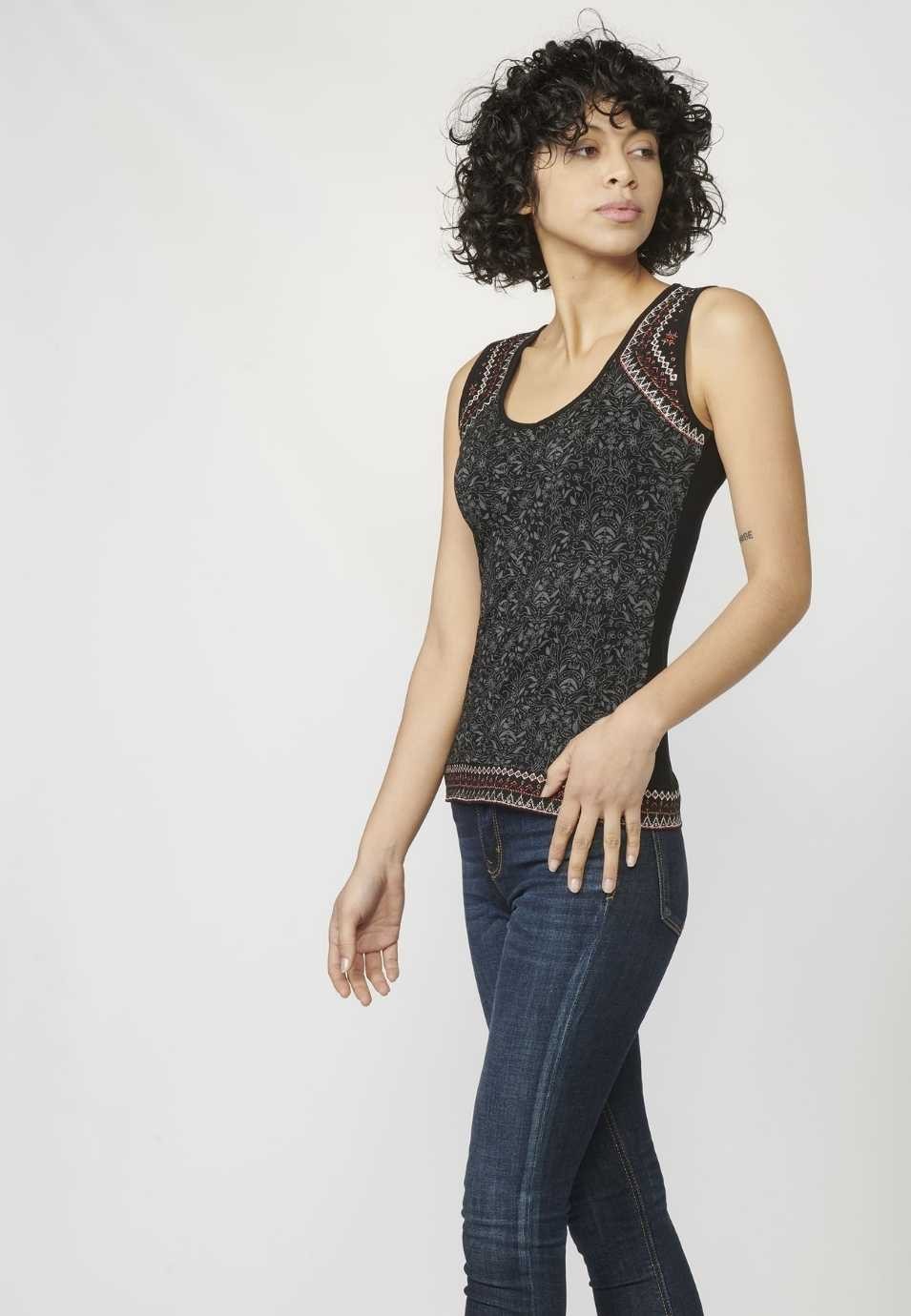 Tank Top with V-neckline and Ethnic Embroidery for Woman in Black color