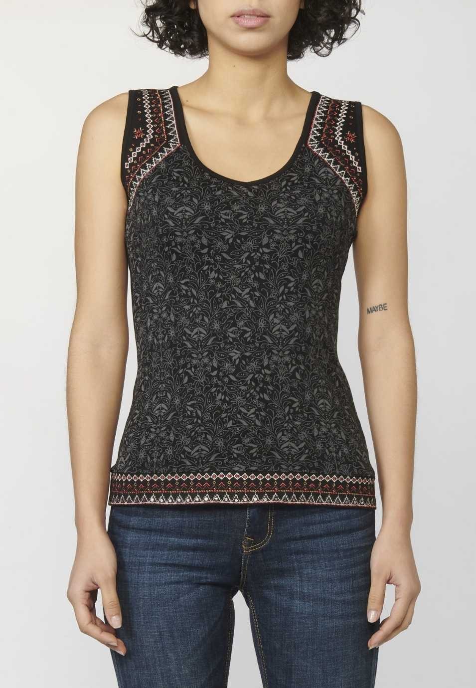 Tank Top with V-neckline and Ethnic Embroidery for Woman in Black color